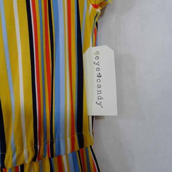 Eye Candy Multicolor Striped Off-Shoulder Jumpsuit Belted Size 1X Split Wide Leg - Picture 9 of 13